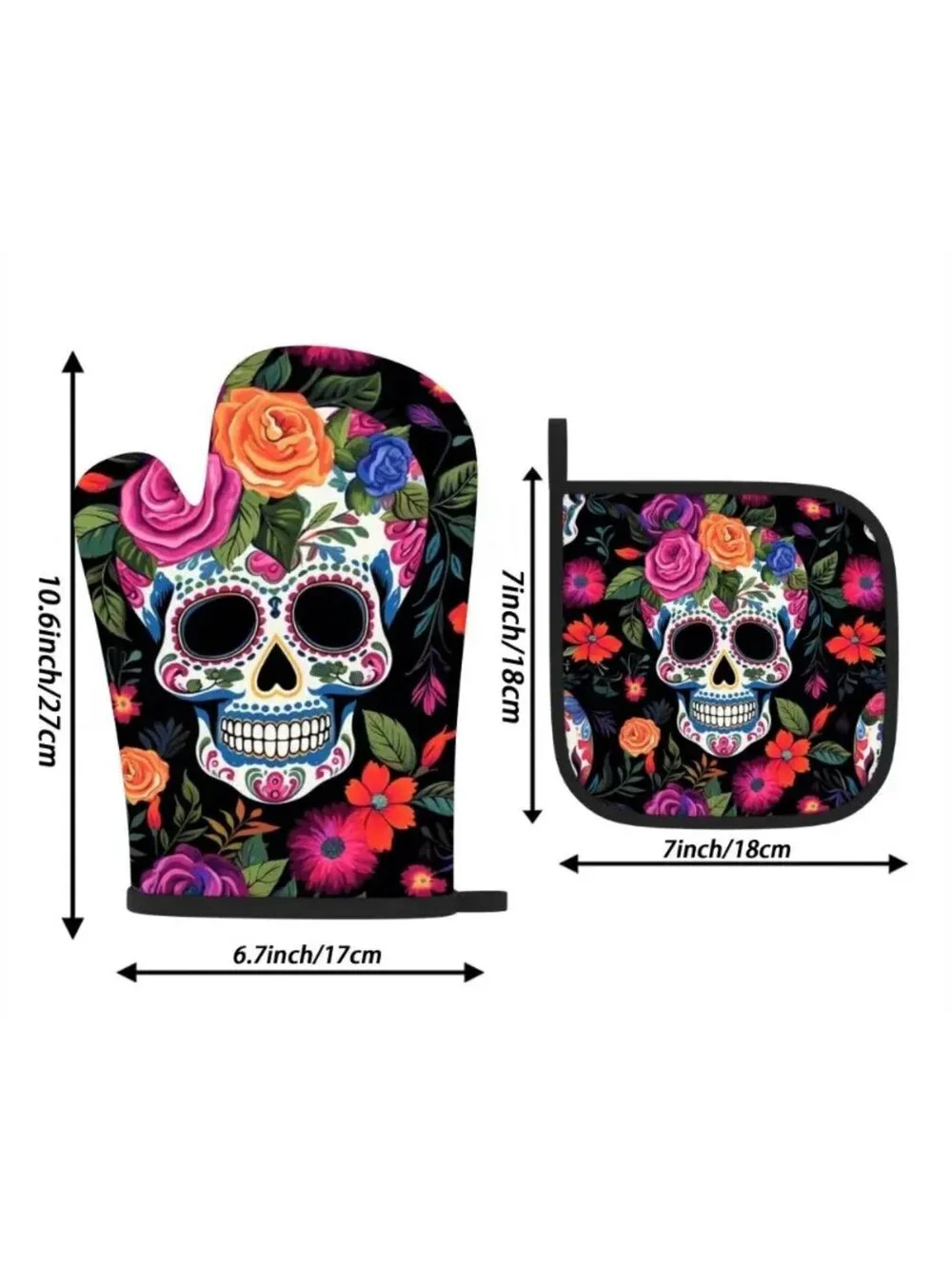 New - 2pcs Floral Skull - Oven Mitts and Pot Holders Set